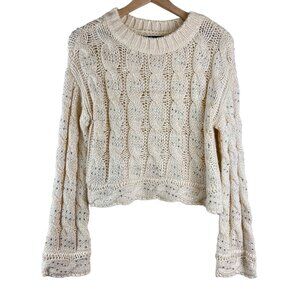 Lovers + Friends Cream Cable Knit Embellished Pullover Sweater.